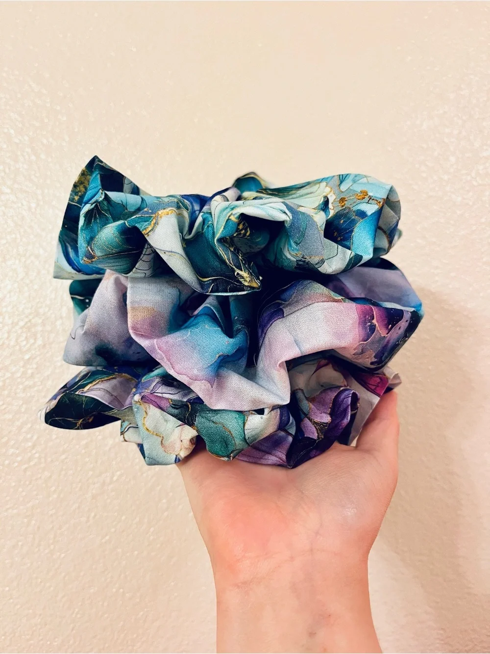 Handmade Watercolor Teal Purple Metallic Gold Floral Scrunchies